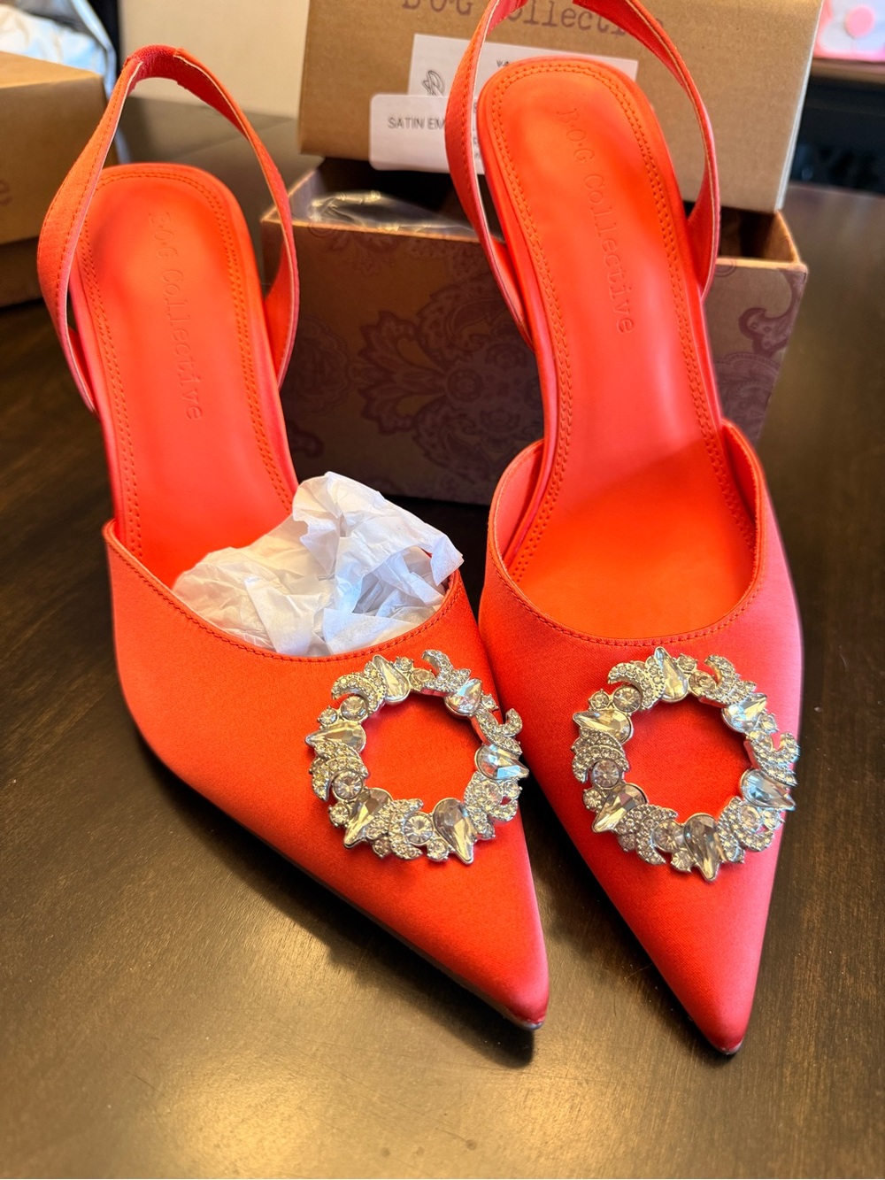Orange Satin Pointed Toe Slingback Heels with Crystal NEVER WORN